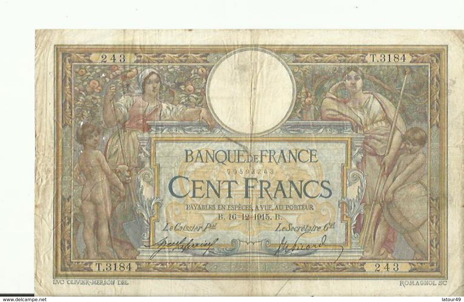 Billet De Cent Francs   1915 BON ETAT - 100 F 1908-1939 ''Luc Olivier Merson''