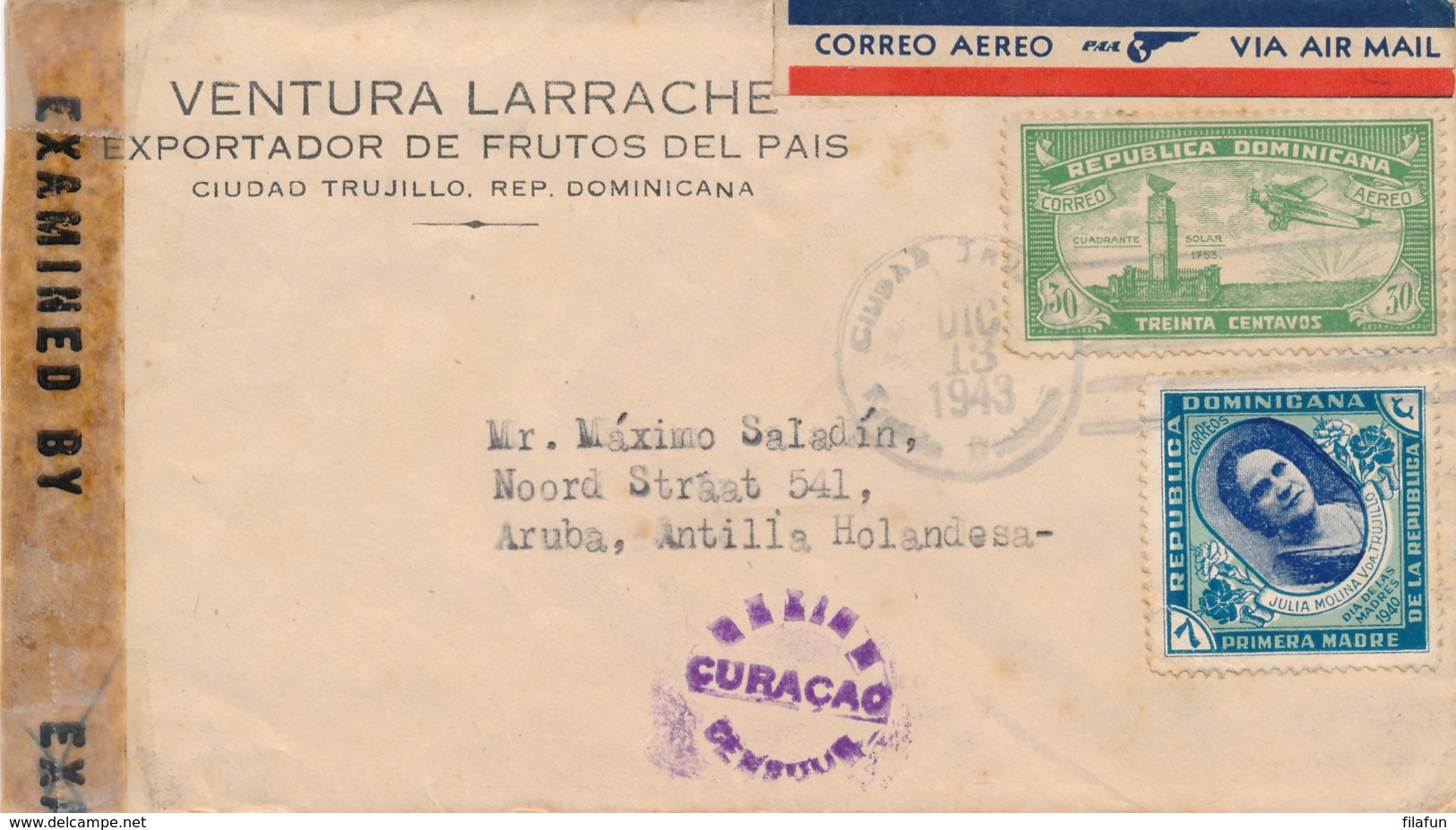 Rep Dominicana / Curacao - 1943 - Censuurstempel H2 - Violet - Op Incoming Censored Cover Van Trujillo Naar Aruba - Niederländische Antillen, Curaçao, Aruba