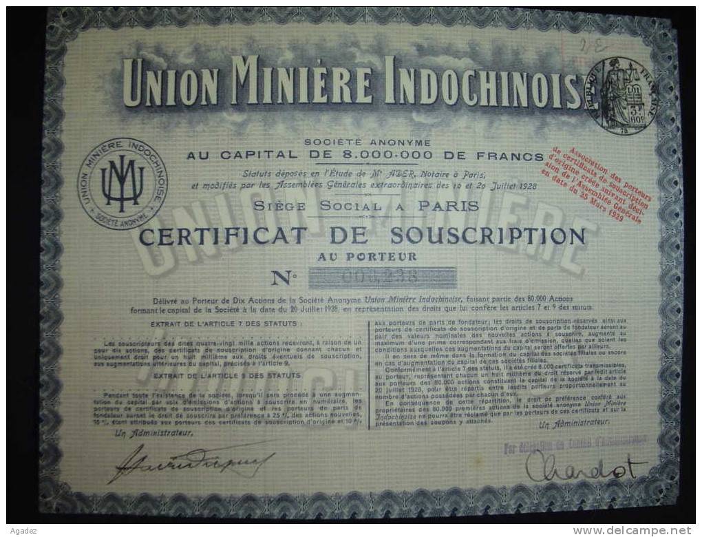 Certificat De Souscription"Union Minière Indochinoise"Paris, 1928 Excellent état. - Mijnen