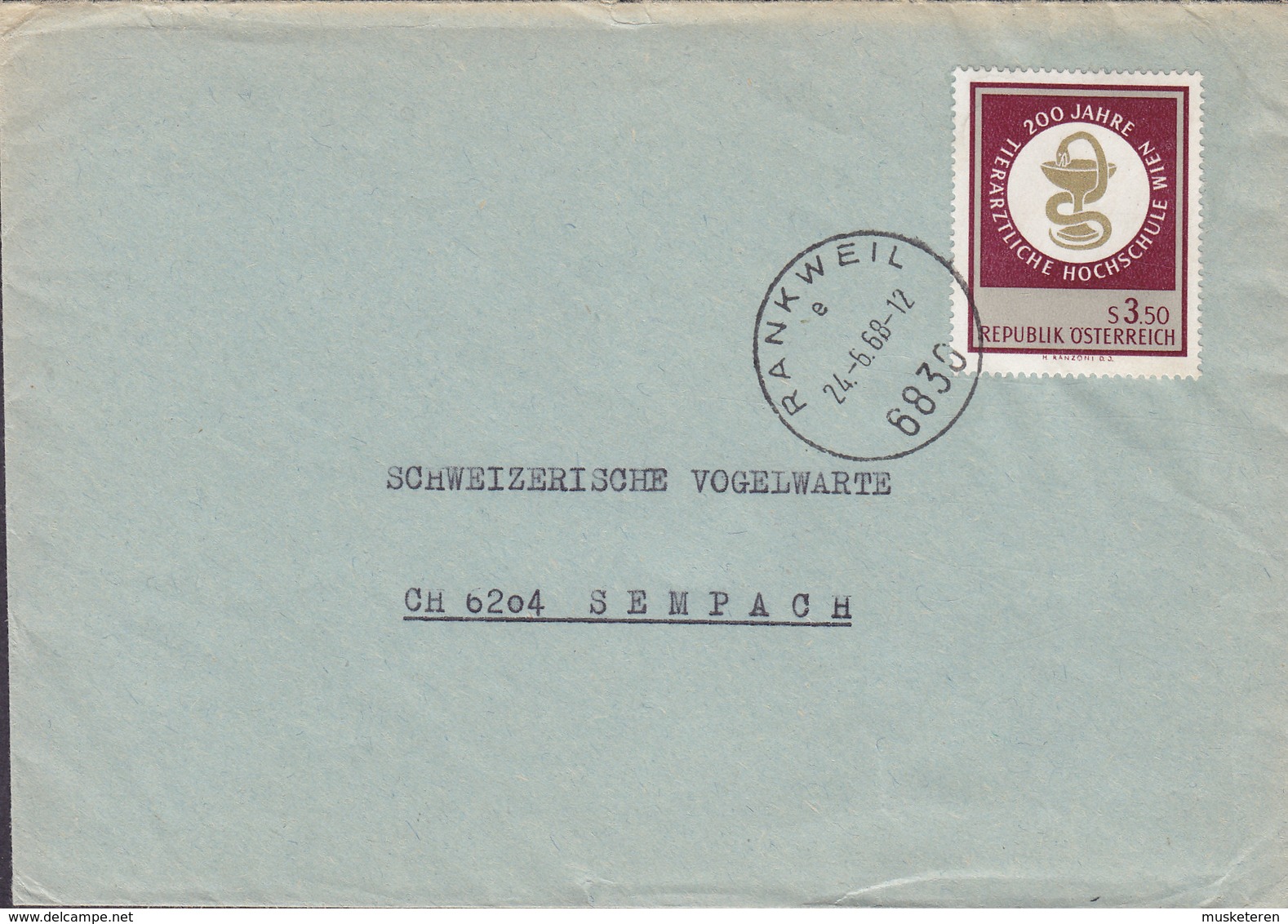 Austria FRANKWEIL 1968 Cover Brief Schweizerische Vogelwarte SEMPACH Tierarzliche Hochschule Animal Doctor High School - Briefe U. Dokumente