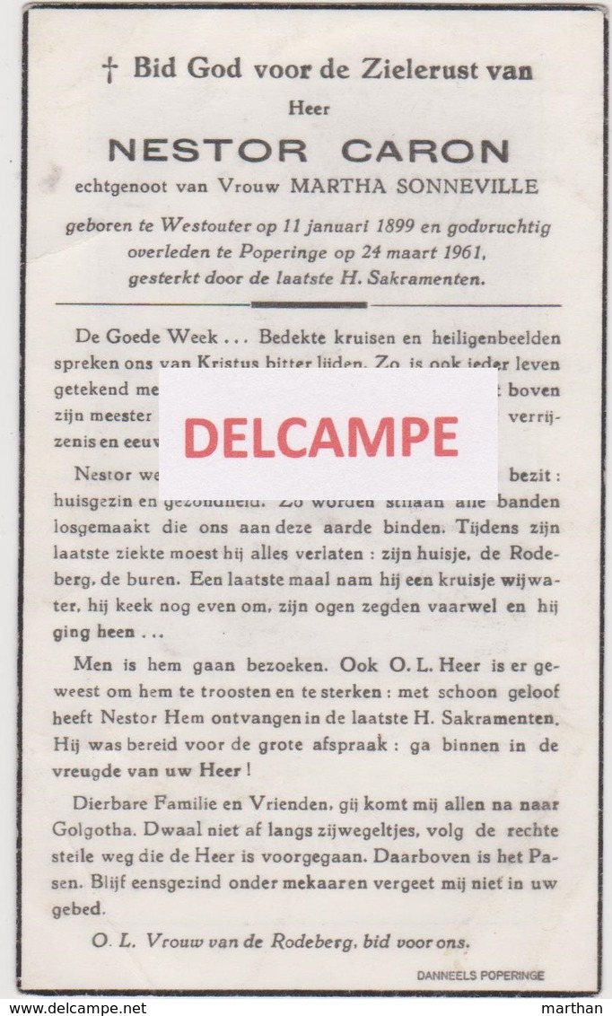 DOODSPRENTJE CARON NESTOR ECHTGENOOT SONNEVILLE WESTOUTER POPERINGE 1899 - 1961  "ANTI-KOPIE" - Devotieprenten