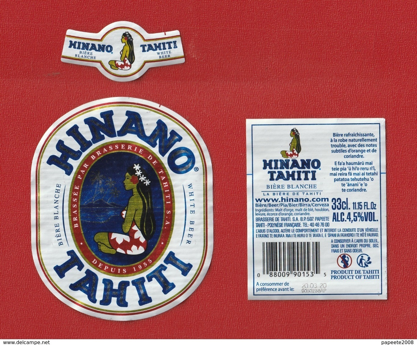 Polynésie Française / Tahiti - Etiquette De Bière Hinano / Blanche 33 Cl - Avril 2019 - TTB - Beer