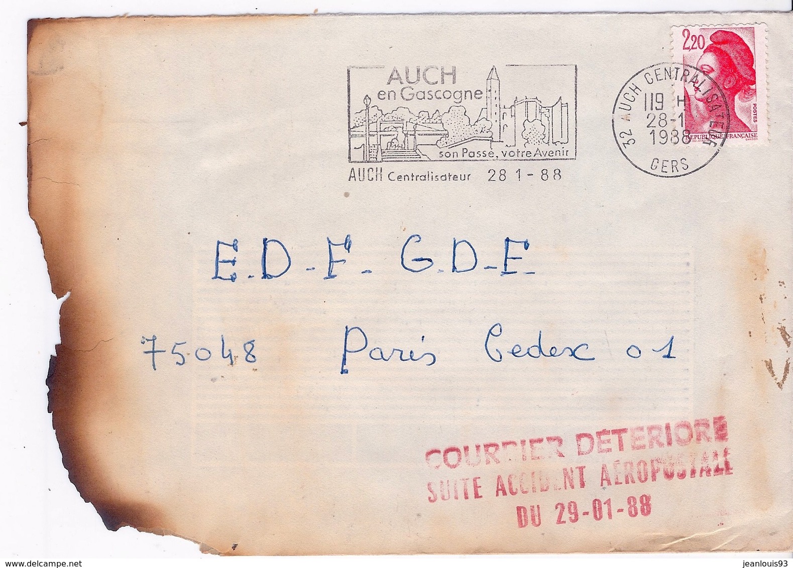 FRANCE - COURRIER DETERIORE LETTRE ACCIDENT AEROPOSTALE 29-01-88 - Cartas & Documentos