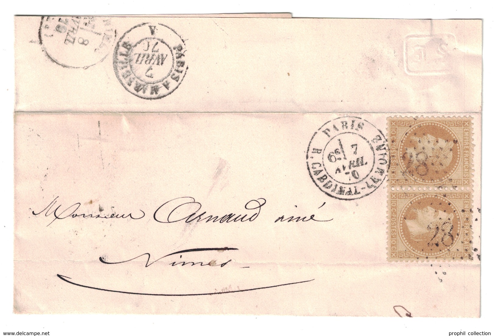 LETTRE LSC De AVRIL 1870 AFFRANCHIE PAIRE NAPOLÉON LAURÉ N° 28 OBLITÉRATION ÉTOILE 28 + CAD PARIS CARDINAL-LEMOINE NIMES - 1849-1876: Klassieke Periode