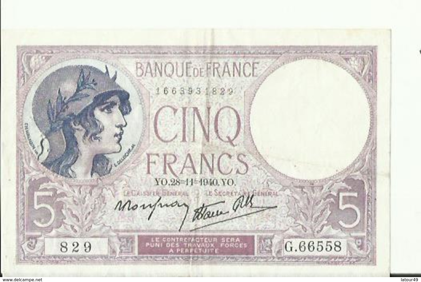 BILLET DE CINQ FRANCS..YO 28....11.1940. YO - 5 F 1943-1947 ''Berger''