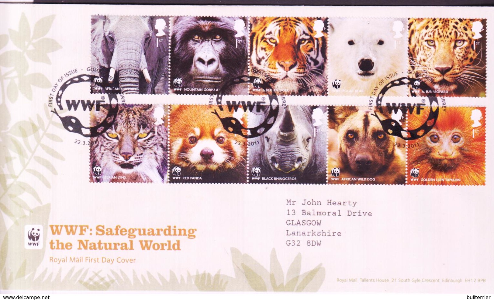 WWF -GREAT BRITAIN - 2011- WWF ANIMALS SET OF 10 ON FDC  WITH GODALMING    POSTMARK - FDC