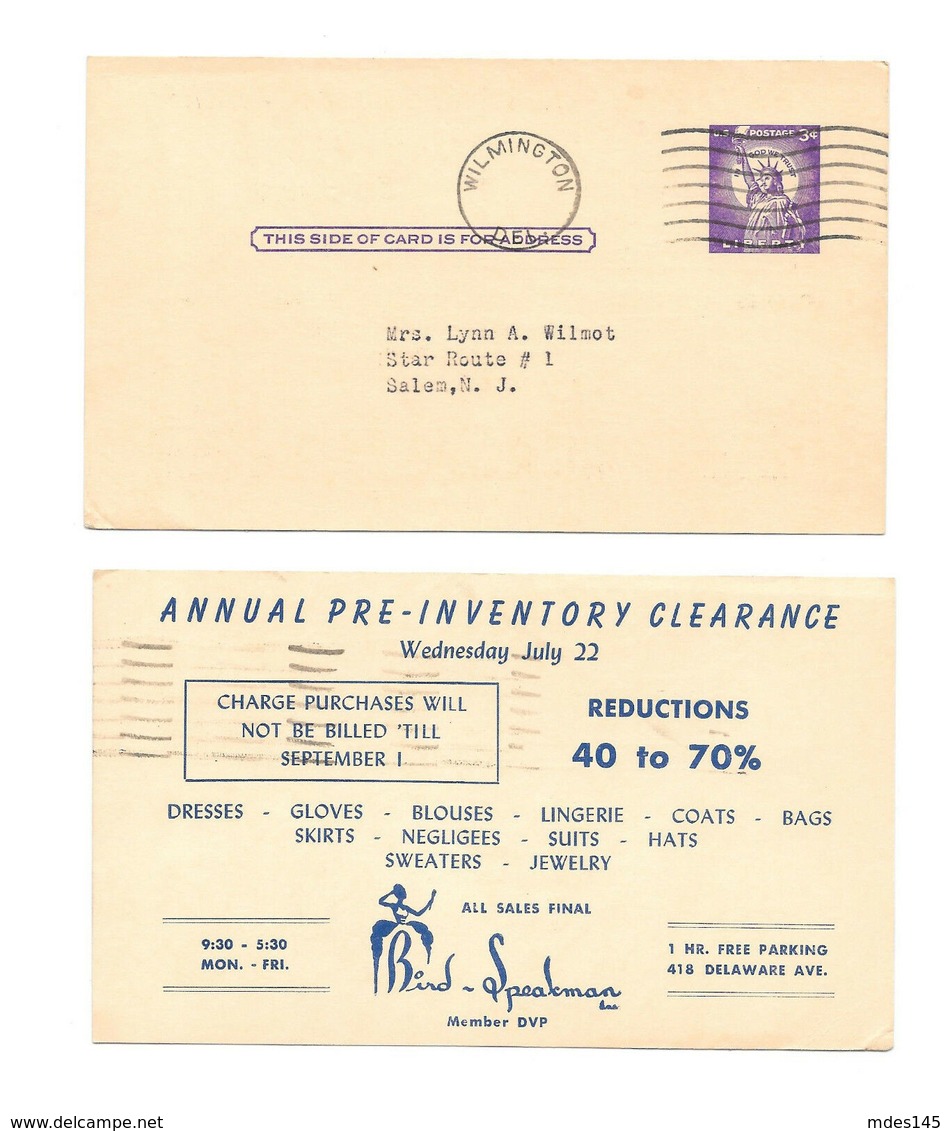 No Date Slug Machine Cancel Wilmington DE UX46 Advertising Postal Card Bird Speakman - Errors, Freaks & Oddities (EFOs)