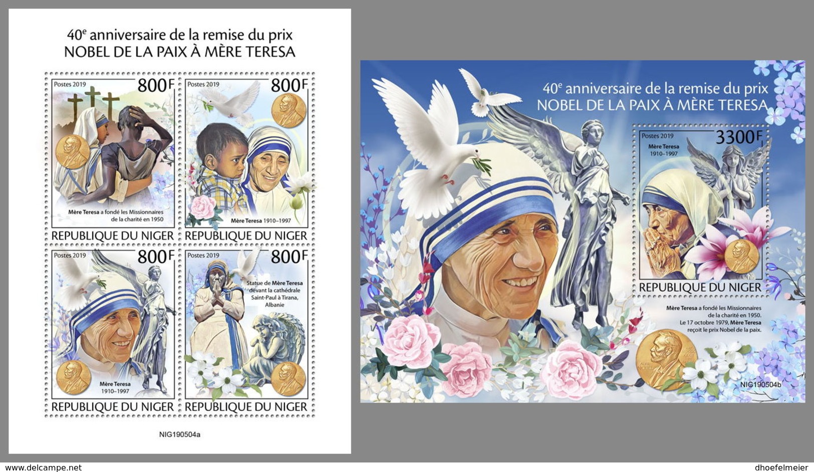 NIGER 2019 MNH Mother Teresa Nobel Peace Prize Winner Mutter Teresa Mere Teresa M/S+S/S - OFFICIAL ISSUE - DH1949 - Mother Teresa