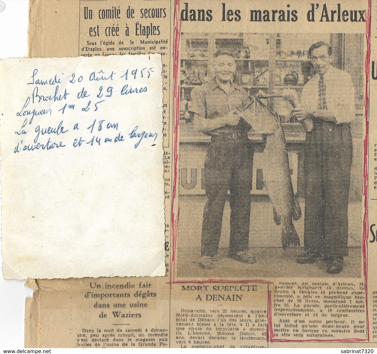 Ancienne Photo + Article  : Janvier KEIGNART à Droite...,"Brochet Pris à Arleux 29 Livres 1m29 Long."( 11,5 X 8,3 Cm ) - Arleux