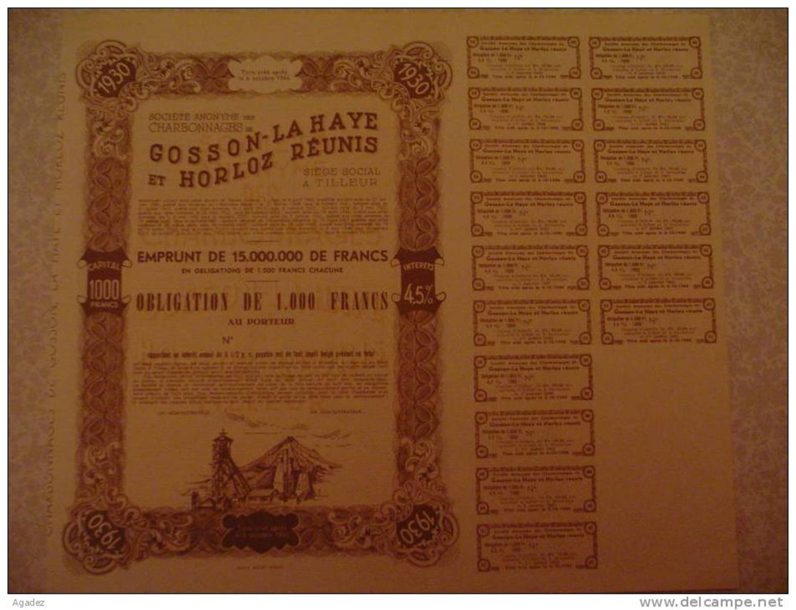 "Charbonnages De Gosson Lahaye Et Horloz"  Tilleur ( Liège ) 1950 Obligation De 1000 Francs (charbon,mine) - Mines