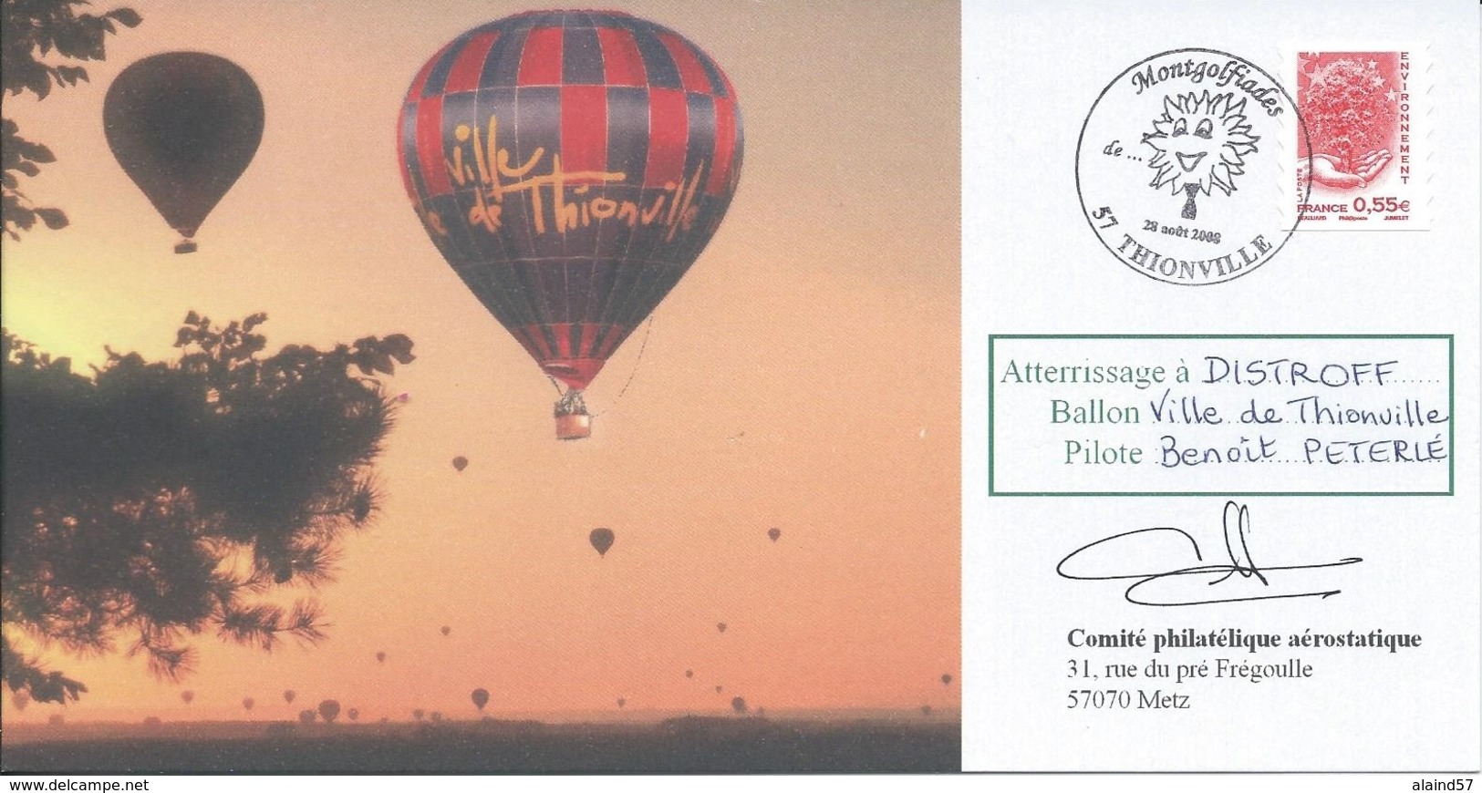 Carte Avec Cachet "Montgolfiades"de Thionville (Moselle) Du 28/08/2008 - 1961-....