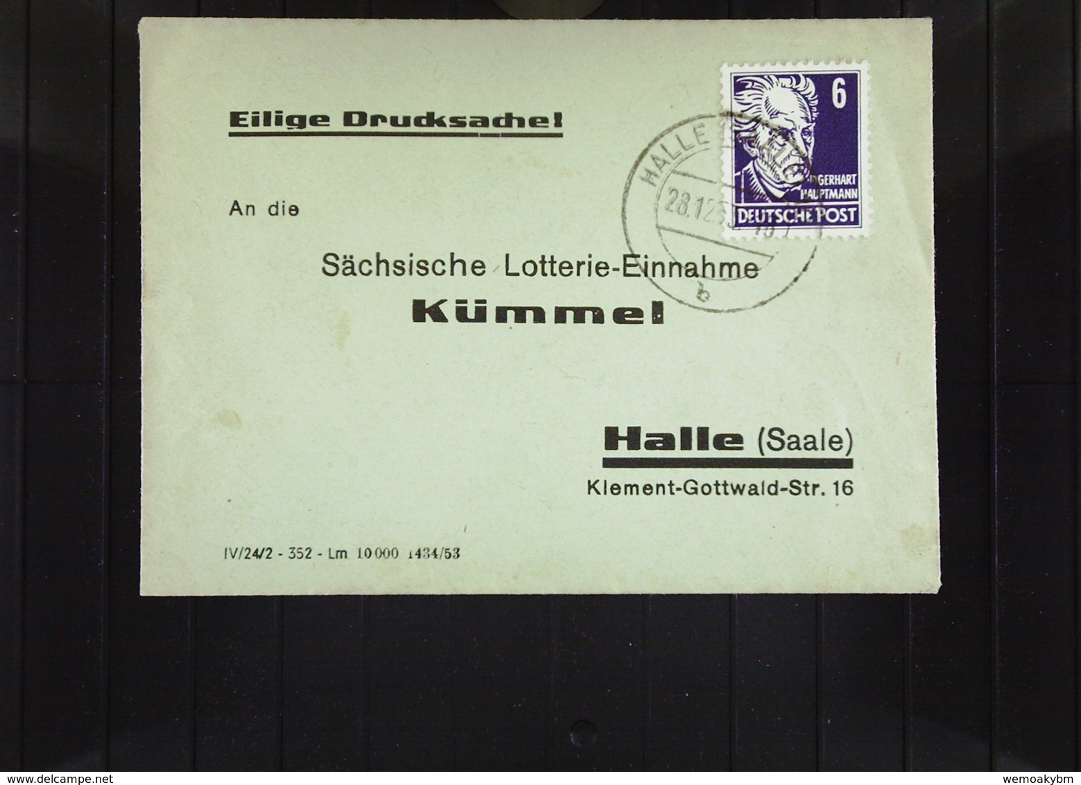 DDR: Ds-Brief Mit 6 Pf Köpfe II Auf Mini-Brief Aus Halle Vom 28.12.53 Sächs. Lotterie-Einnahme Kümmel Knr: 328 - Lettres & Documents