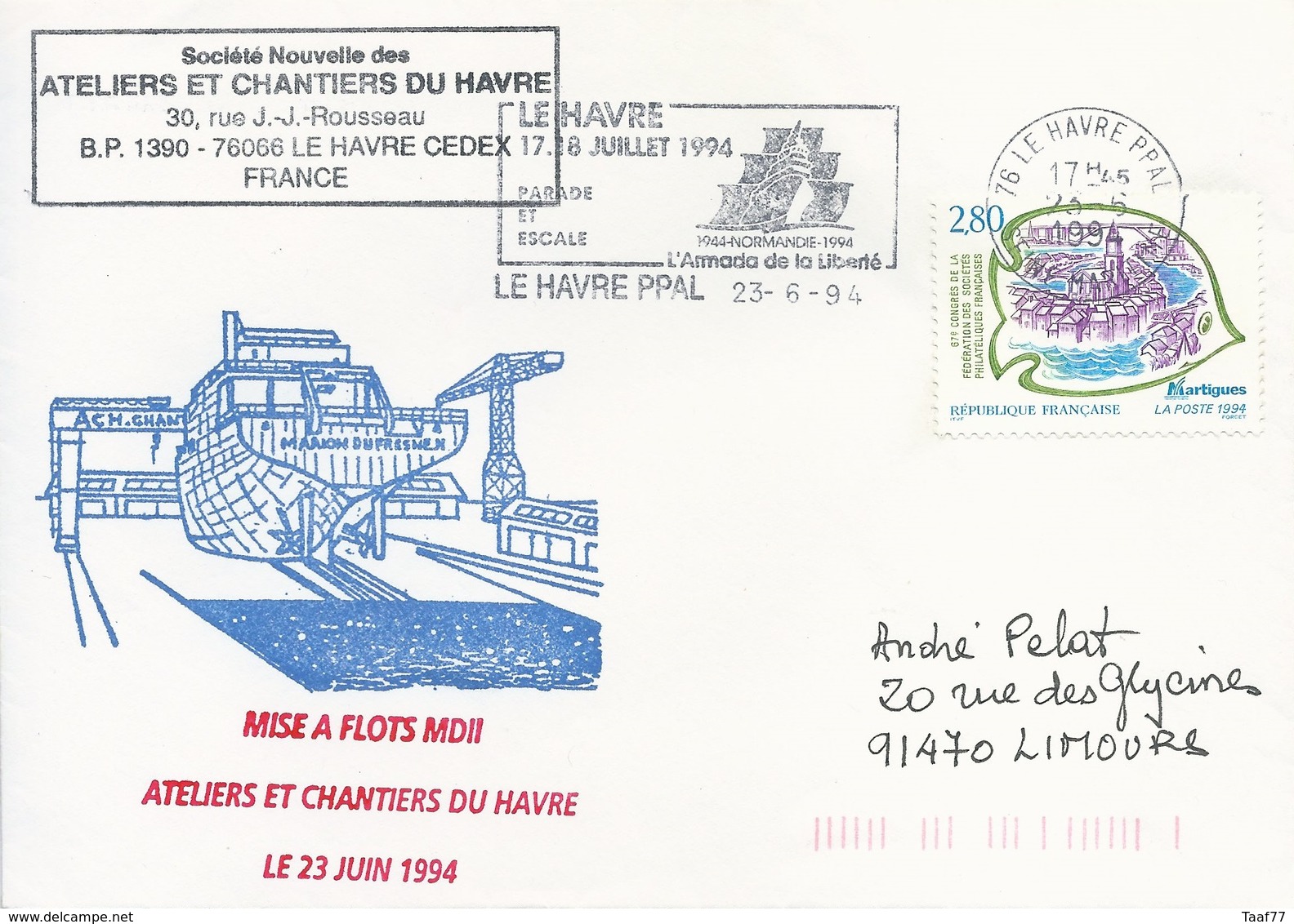 Lettre Mise à Flots Marion Dufresne II - OMEC SECAP Avec Flamme Le Havre Ppal - 23/06/1994 - Polareshiffe & Eisbrecher