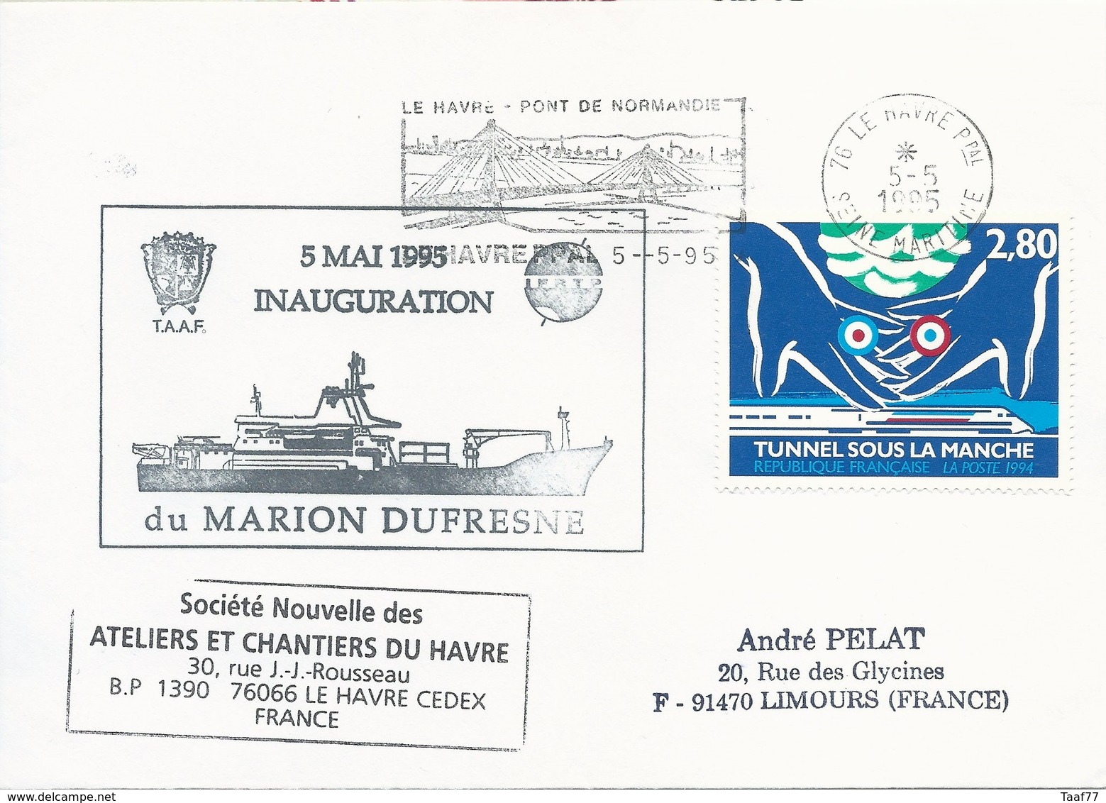 Lettre Inauguration Du Marion Dufresne - OMEC SECAP Le Havre Ppal Avec Flamme Pont De Normandie - 05/05/1995 - Polareshiffe & Eisbrecher