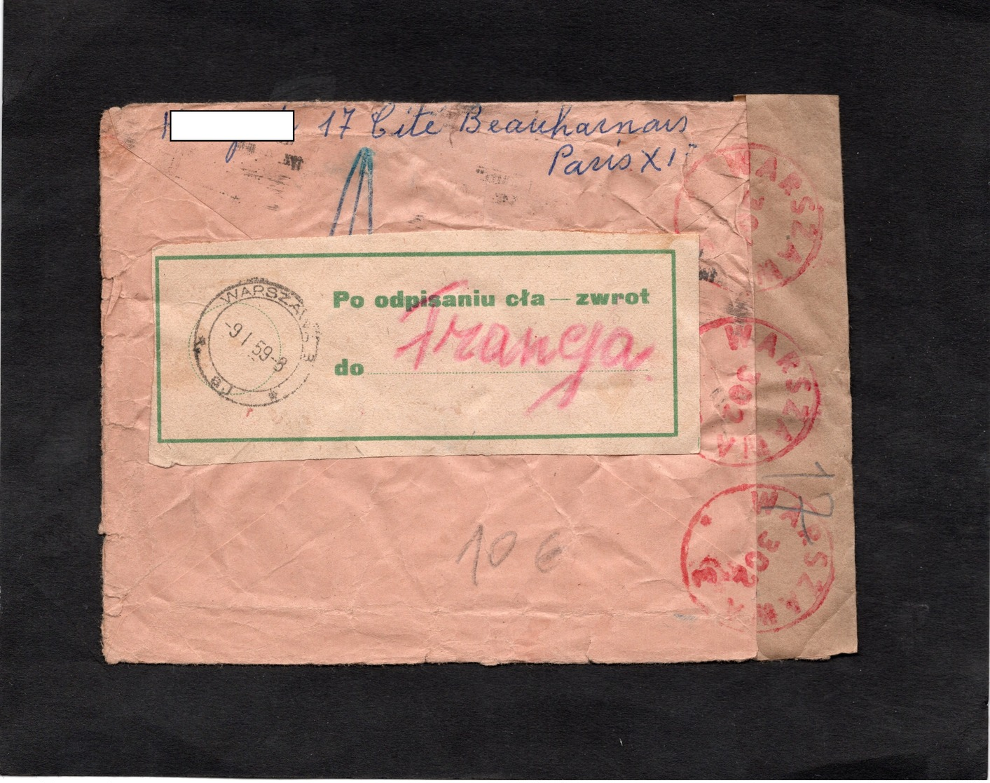 LSC 1954 - Enveloppe De PARIS Pour KRAKOW - Divers Cachets Et Griffes  WARZAW 302 - PO ODPISANIU CTA ZWROT....... - Lettres & Documents