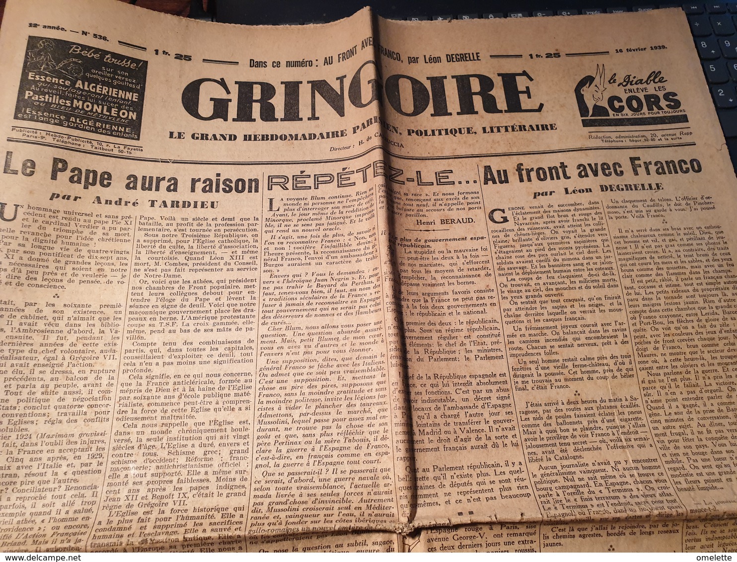 GRINGOIRE/PAPE TARDIEU/HENRY BERAUD /FRANCO LEON DEGRELLE/RALPH SOUPAULT /BEETHOVEN PORTALES /VERLAINE FRANCIS CARCO - Autres & Non Classés