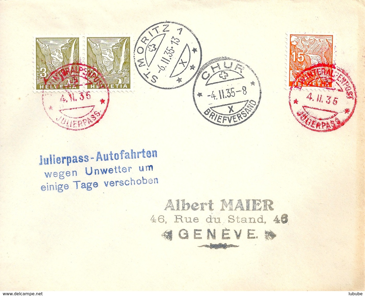 Sonderbrief  "Winteralpenpost Julierpass"  St.Moritz - Chur - Genève        1935 - Storia Postale