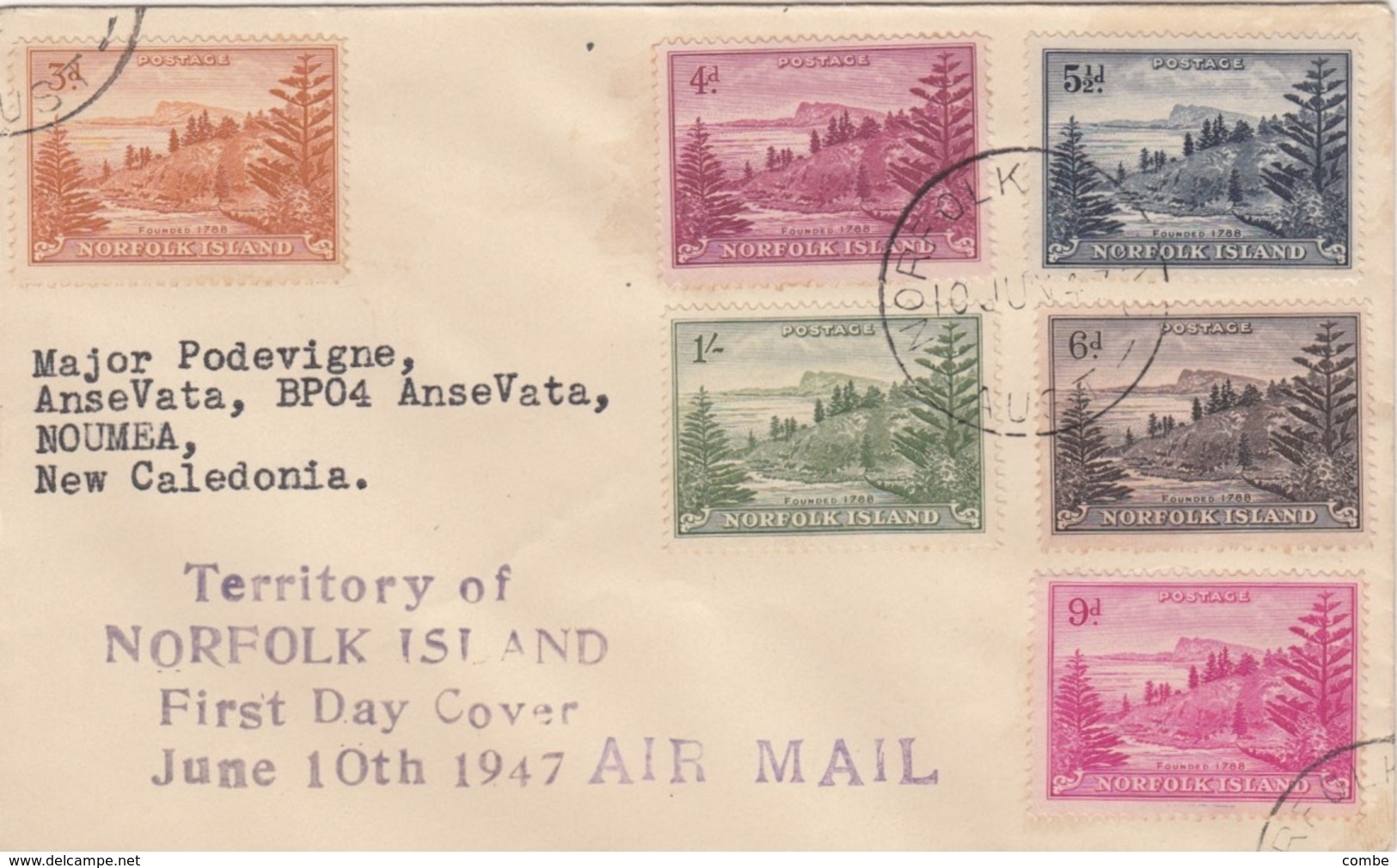 COVER. AIR MAIL. NORFOLK ISLAND. 10 JUN 47. FDC. TO NOUMEA NOUVELLE CALEDONIE / 10 12 18 - Norfolk Island