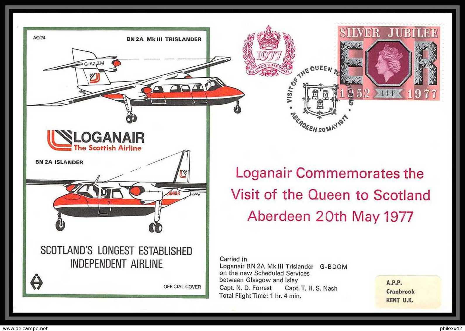 0026 Lettre Grande Bretagne Great Britain Aviation (Airmail Cover Luftpost) LOGANAIR 1977 - Airplanes