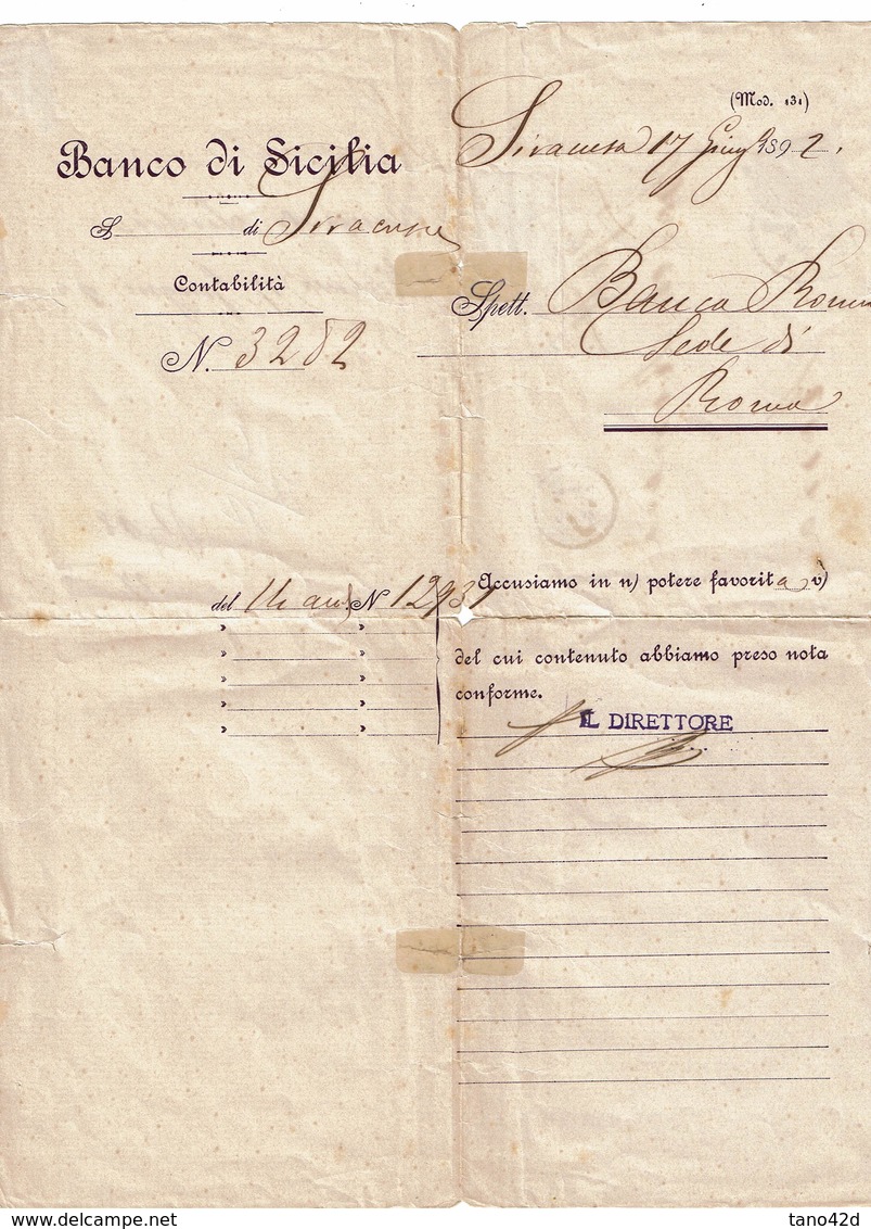 LCTN59/LE/DIV1 - ITALIE SEGNATASSE 2/30c SUR CORRESPONDANCE BANCAIRE 26/5/1892 - Segnatasse