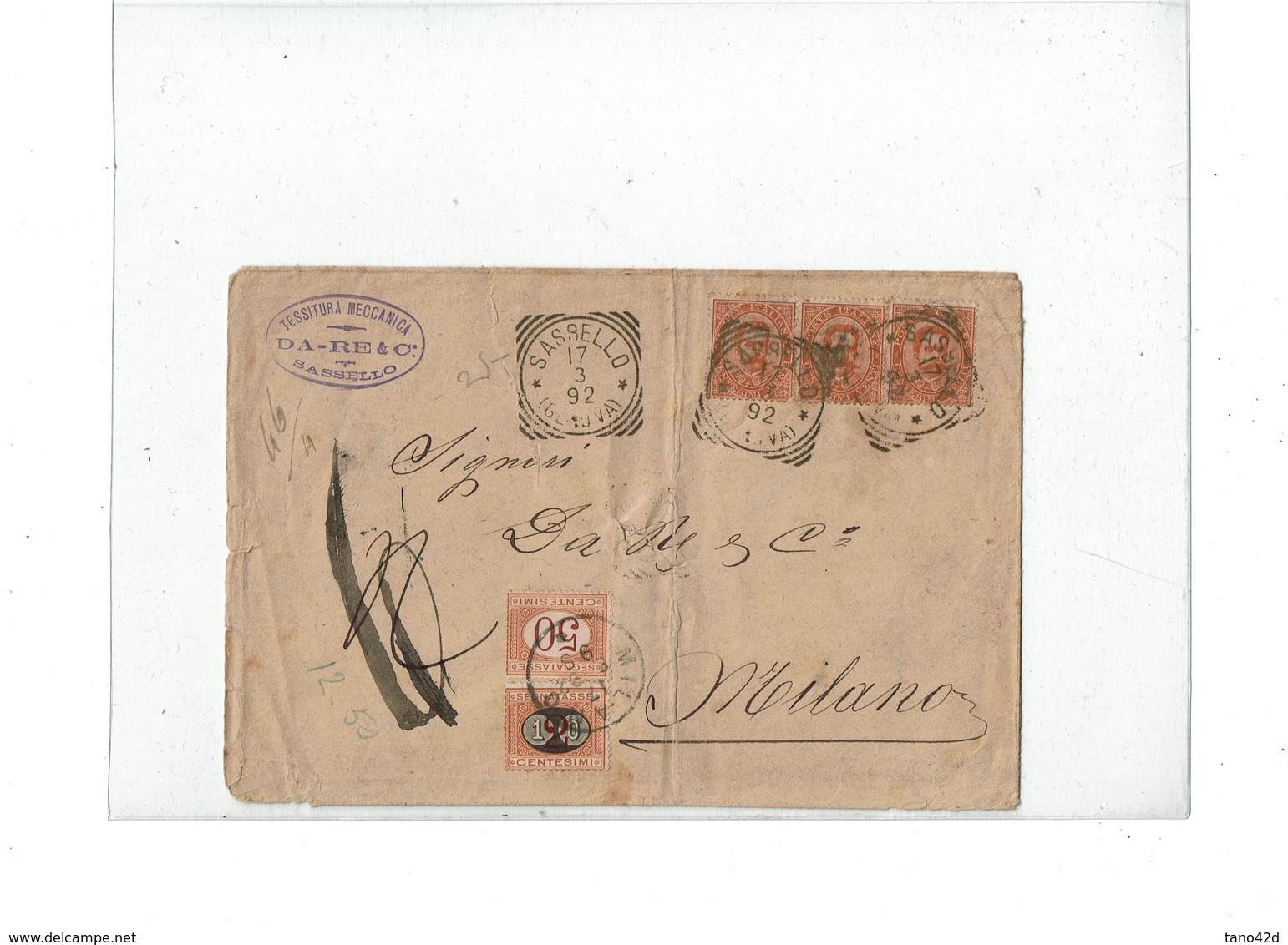 LCTN59/LE/DIV1 - ITALIE SEGNATASSE 2/10c + 50c SUR LETTRE SASSELLO / MILANO 17/3/1892 - Portomarken