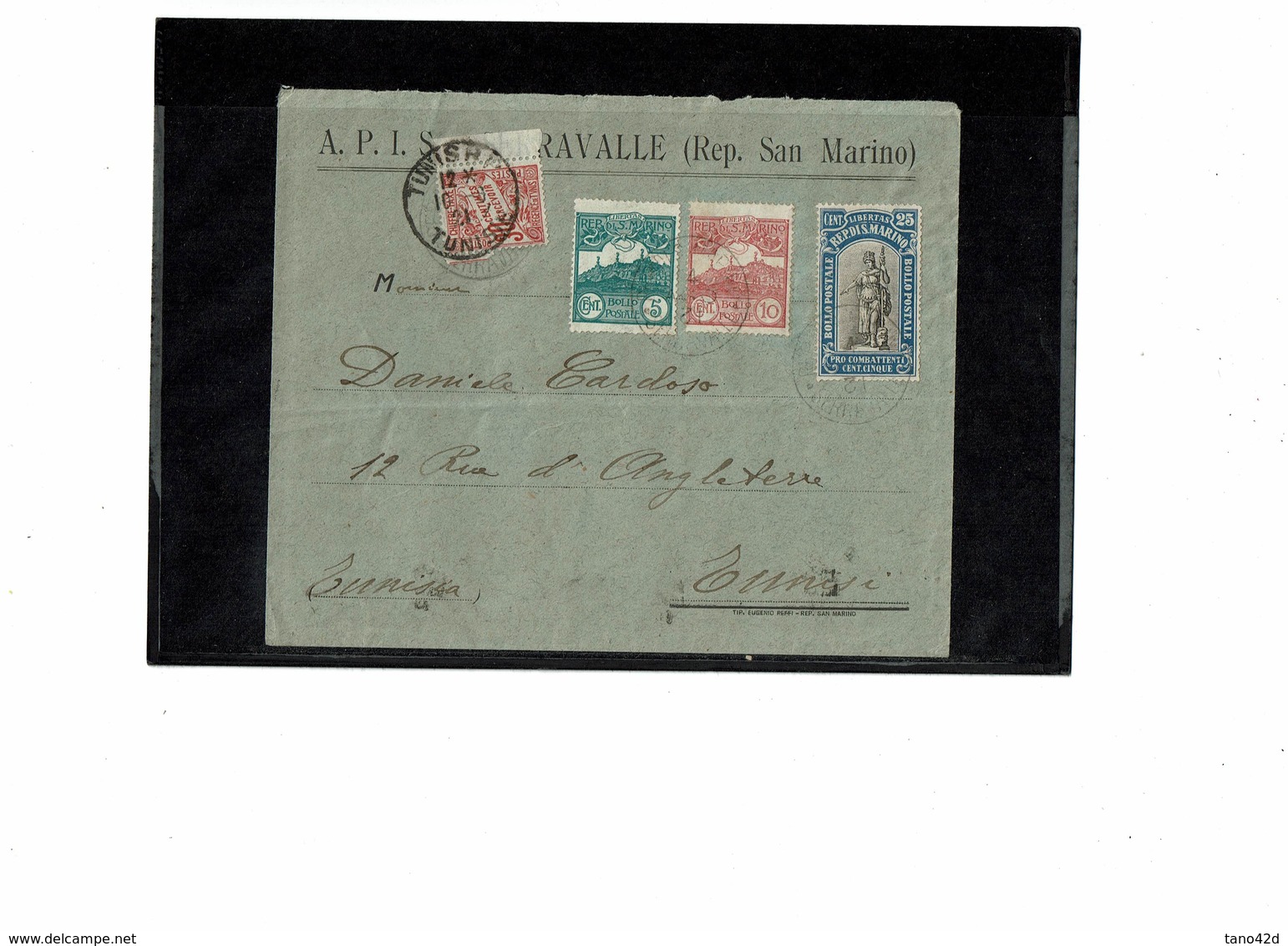 LCTN59/LE/DIV1 - SAN MARINO LETTRE X TUNIS AOÛT 1921 TAXEE A L'ARRIVEE - Lettres & Documents