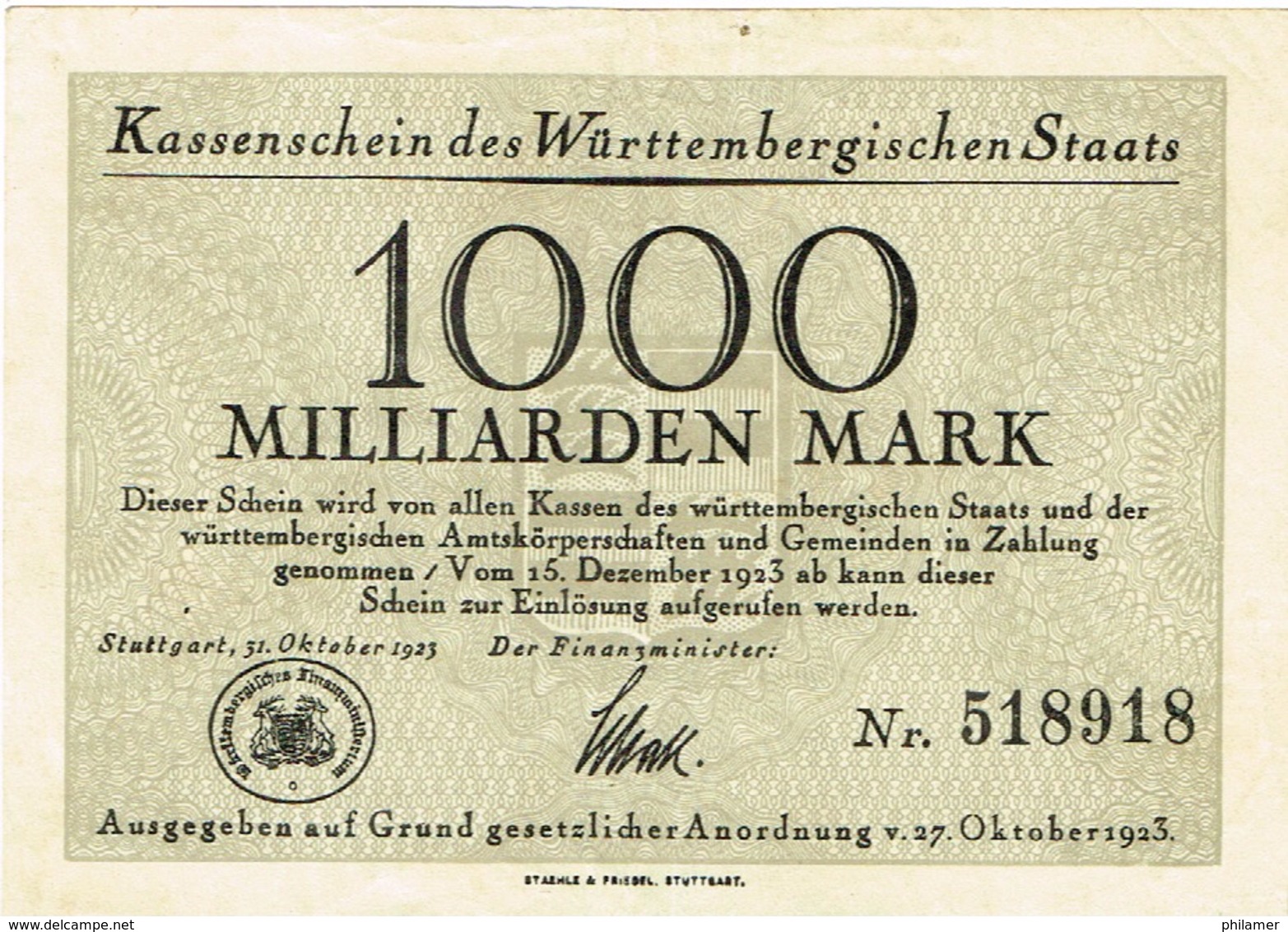 Allemagne Germania Germany Billet De Banque Banknote Monnaie Money Wurttembergischen 1000 Milliarden Mark 1925 BE - 1 Billion Mark