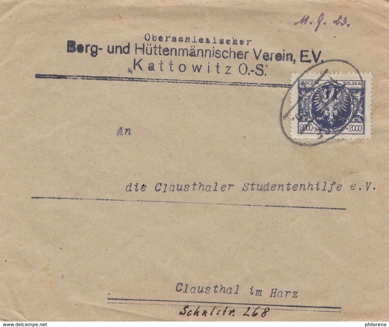 Bergbau: Hüttenmännischer Verein Kattowitz OS-Polen, Clausthal  1923, Bahnpost - Altri - Europa