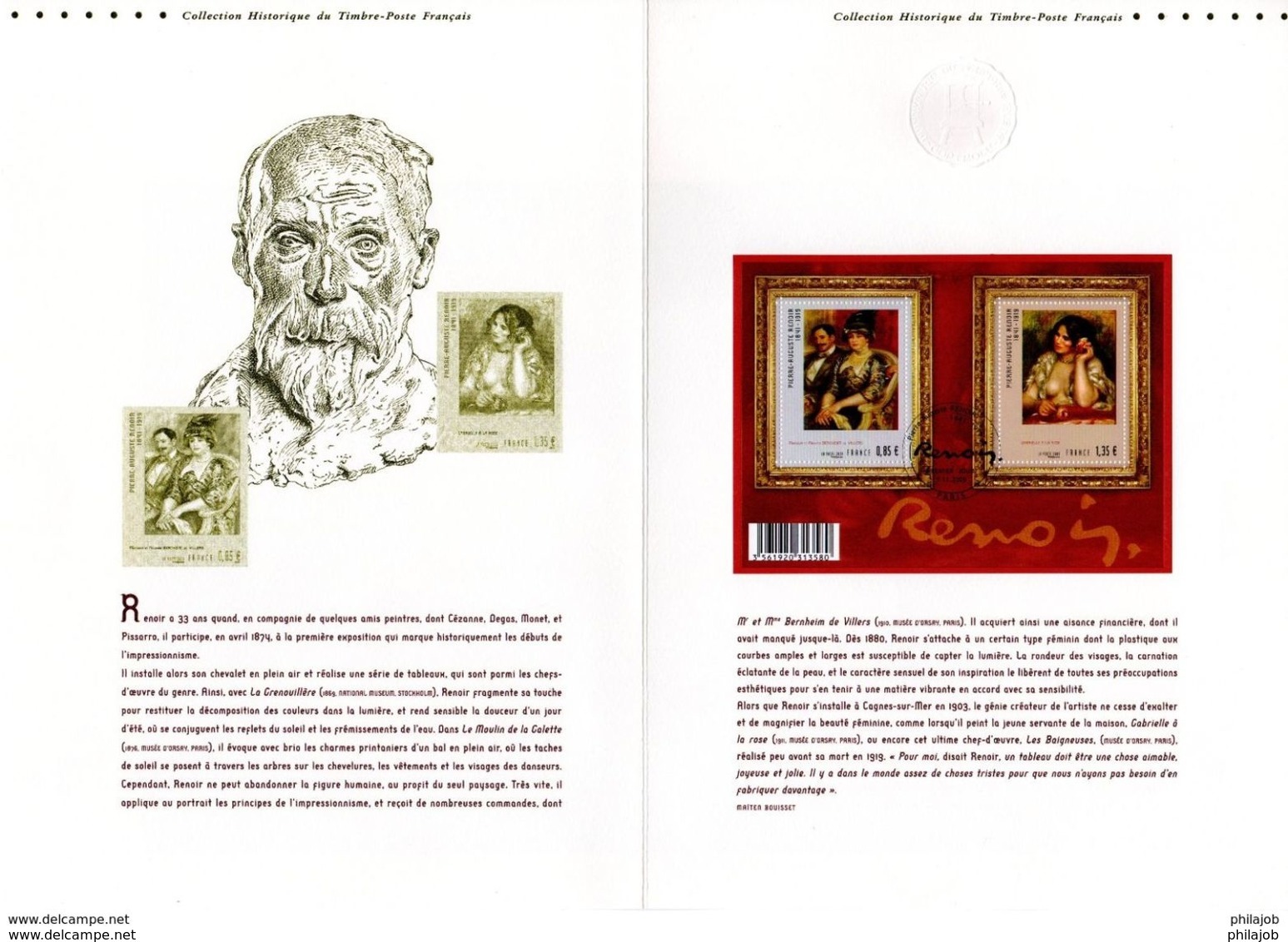 FRANCE 2009 " OEUVRES DE RENOIR " Sur Document Philatélique Officiel (4 Pages) N° YT F4406. DPO - Impressionisme