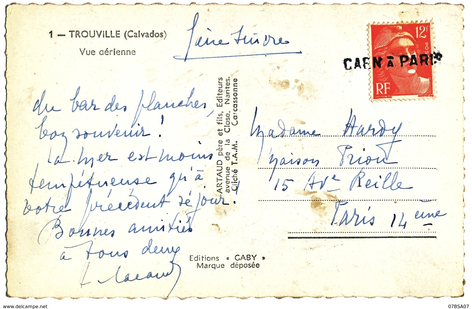 GRIFFE LINEAIRE SUR TIMBRE NON OBLITERE AU DEPART CALVADOS SEINE CP AMBULANT CAEN A PARIS - 1921-1960: Periodo Moderno