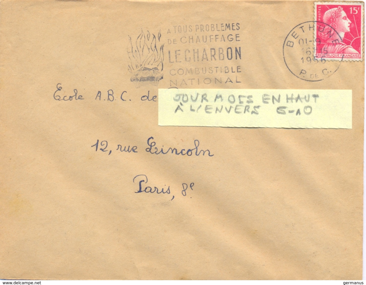 PAS-DE-CALAIS : BETHUNE P. DE C. OMec SECAP 6-10-1956 (JOUR MOIS À L'ENVERS)  A TOUS PROBLEMES /.. / LE CHARBON /.. - Oblitérations Mécaniques (flammes)