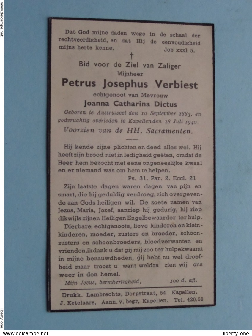 DP Petrus VERBIEST ( Joanna DICTUS ) AUSTRUWEEL 10 Sept 1883 - Kapellen 18 Juli 1940 ( Zie Foto's ) ! - Avvisi Di Necrologio