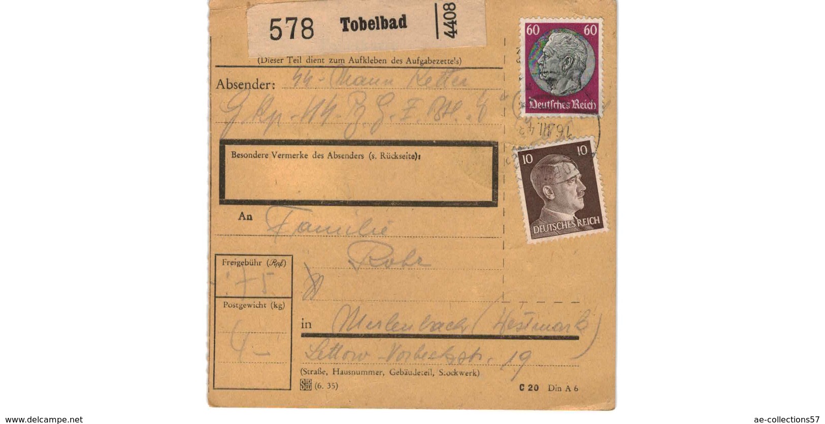 ALLEMAGNE  /  COLIS-POSTAL  /  De Tobelbad / 16-3-43 - Covers & Documents