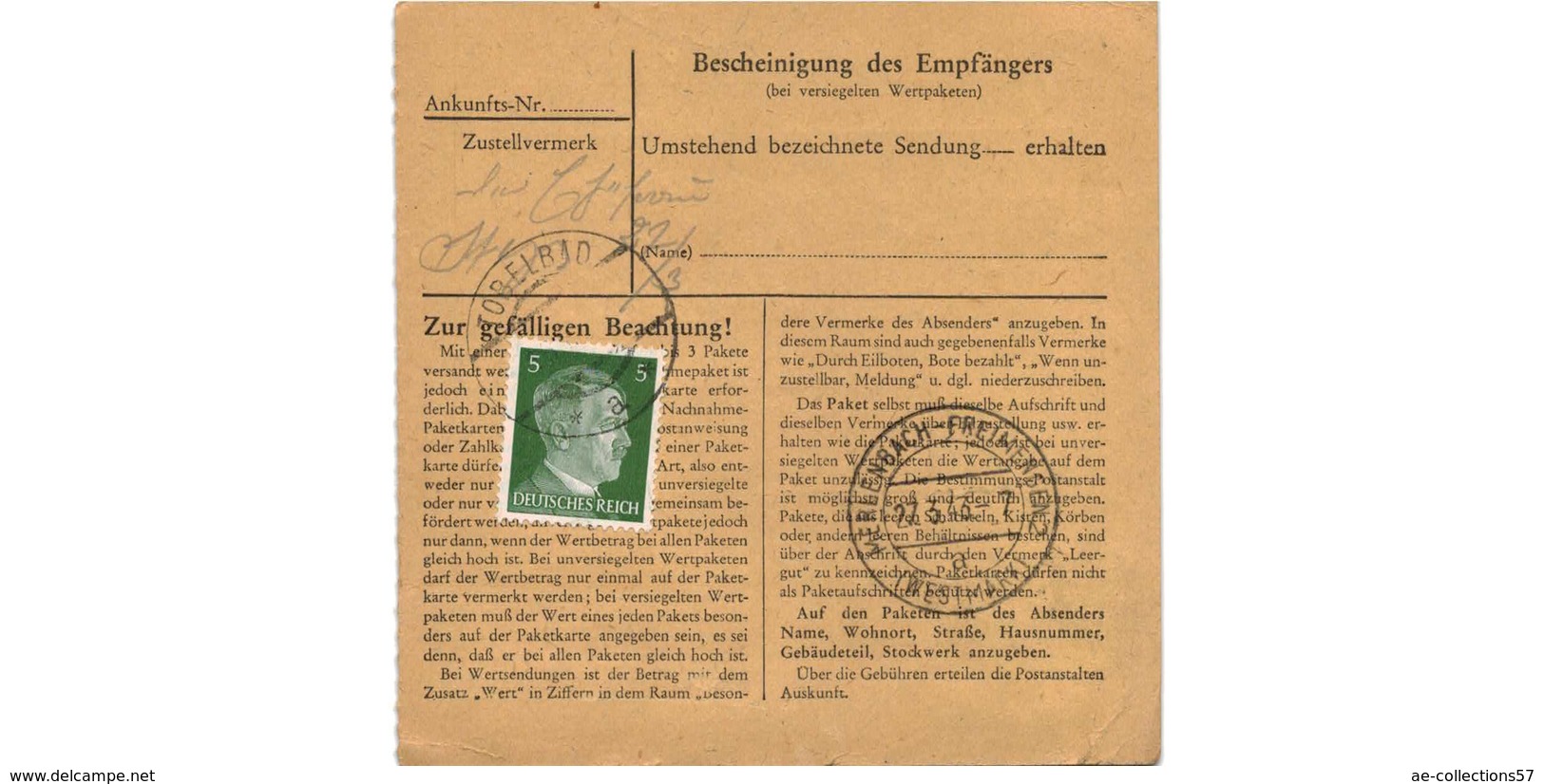 ALLEMAGNE  /  COLIS-POSTAL  /  De Tobelbad / 16-3-43 - Covers & Documents