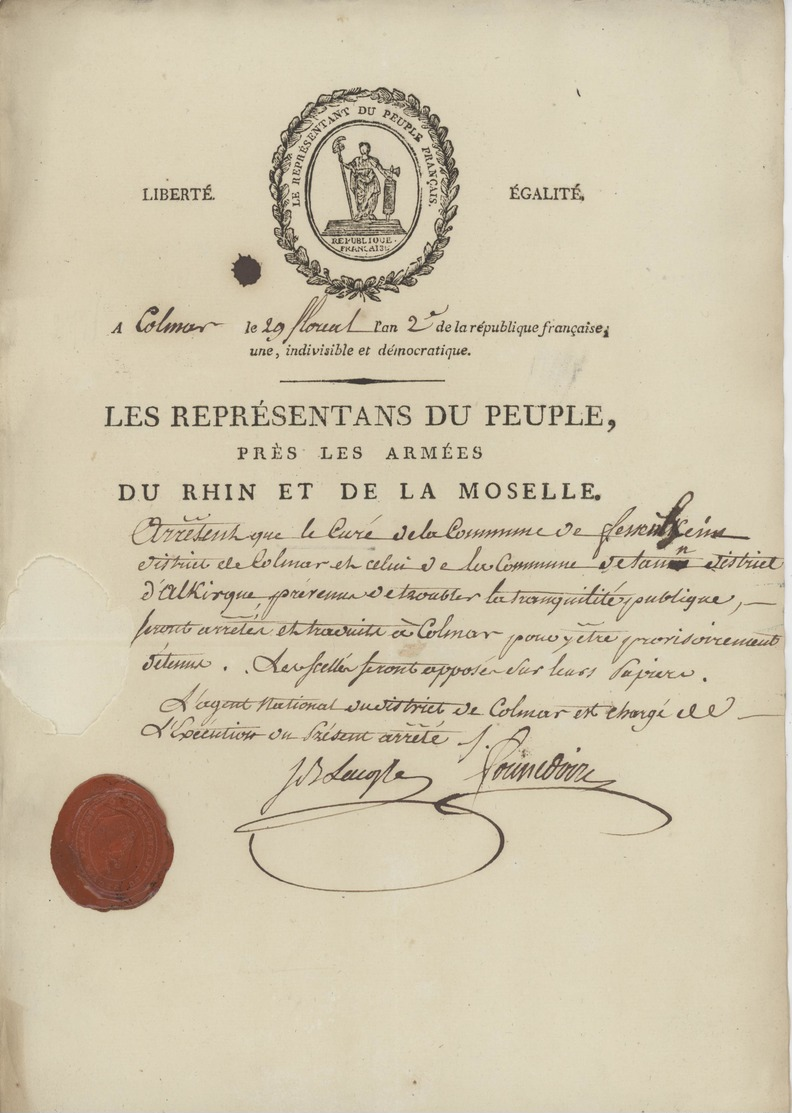 Héraldique Colmar An 2 - 18.5.1794  Les Représentants Du Peuple Près Des Armés Rhin Et Moselle Sigt..Foussedoire - Documents Historiques