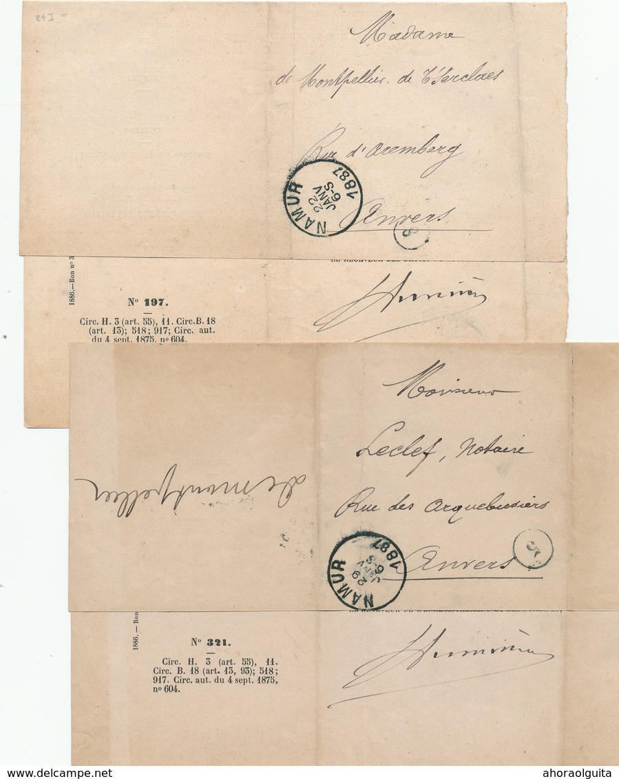 30/757 -- 2 X Document Ministère Des Finances En FRANCHISE NAMUR 1887 Vers ANVERS - Zonder Portkosten