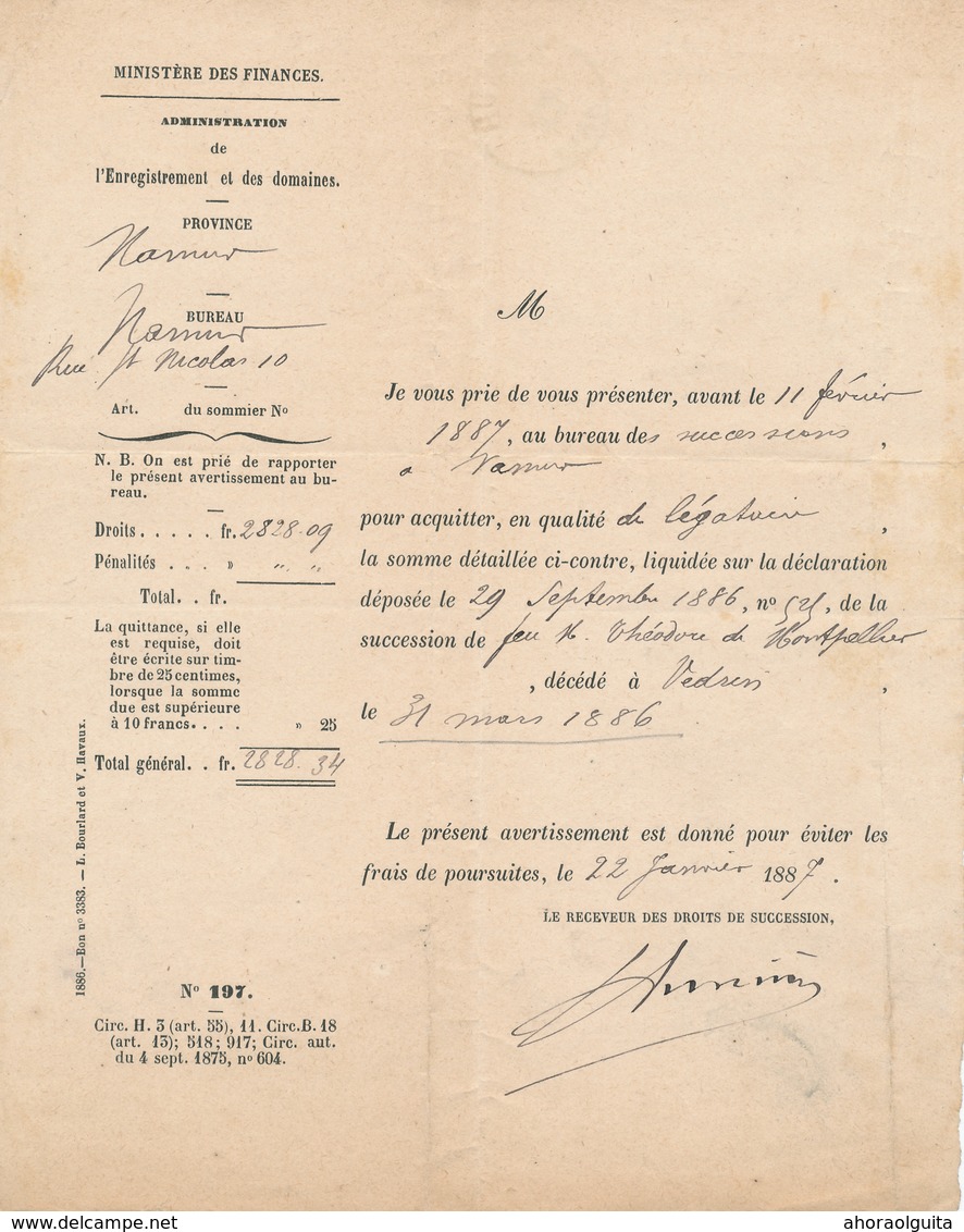 30/757 -- 2 X Document Ministère Des Finances En FRANCHISE NAMUR 1887 Vers ANVERS - Zonder Portkosten