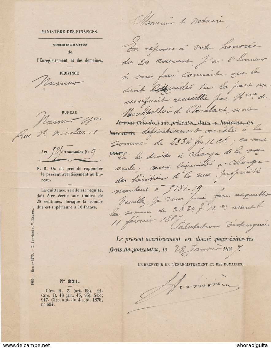 30/757 -- 2 X Document Ministère Des Finances En FRANCHISE NAMUR 1887 Vers ANVERS - Franchise