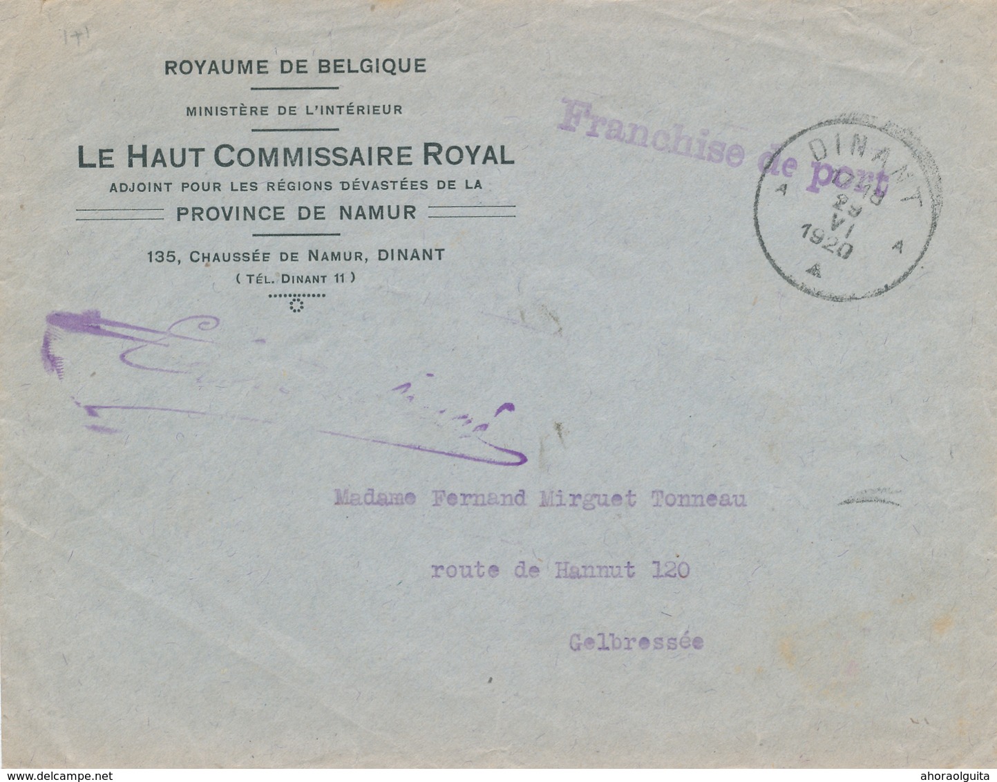 30/758 -- Enveloppe + Contenu En FRANCHISE - Le Haut Commissaire Royal DINANT 1920 Vers GELBRESSEE - Zonder Portkosten