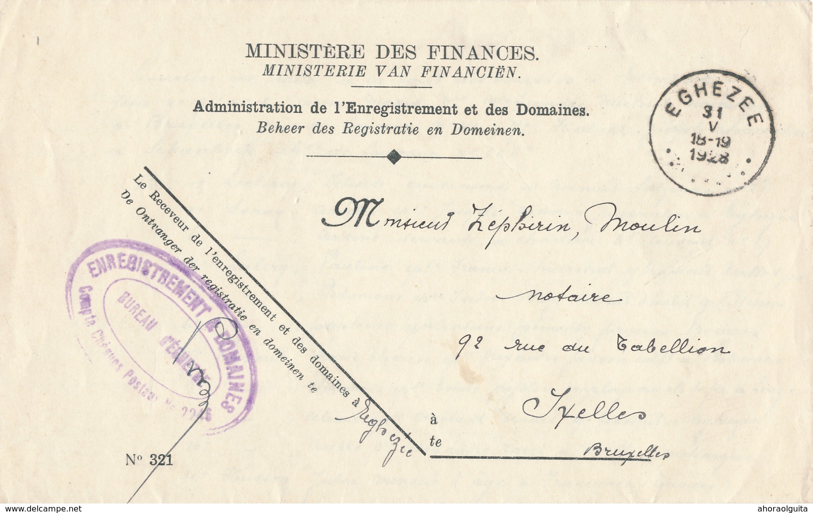 30/760 -- Enveloppe En FRANCHISE Ministère Des Finances - Receveur De L' Enregistrement EGHEZEE 1928 - Portofreiheit