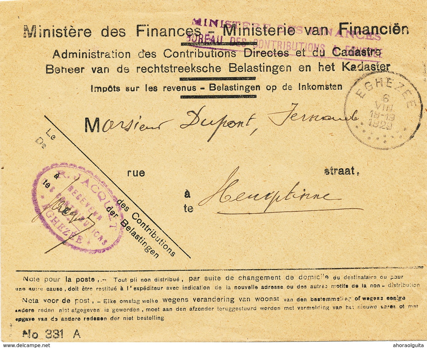 30/761 -- Enveloppe En FRANCHISE Ministère Des Finances - Receveur Des Contributions EGHEZEE 1929 - Portofreiheit