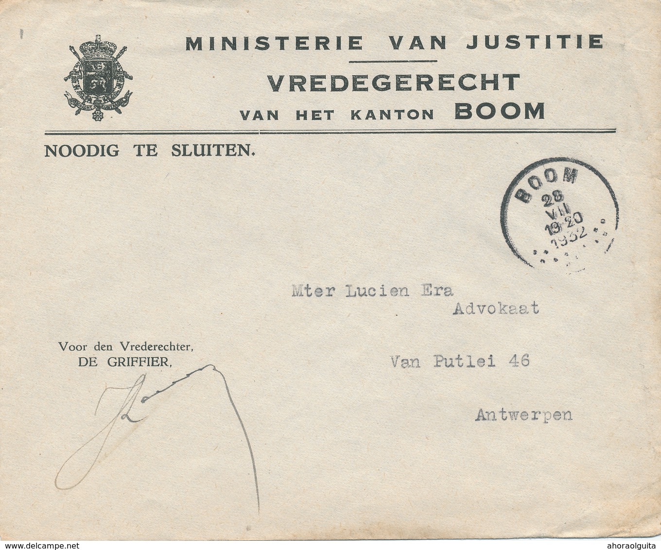 30/762 -- Enveloppe En FRANCHISE Ministerie Van Justitie - Vredegerecht Van Het Kanton BOOM 1932 - Franchise