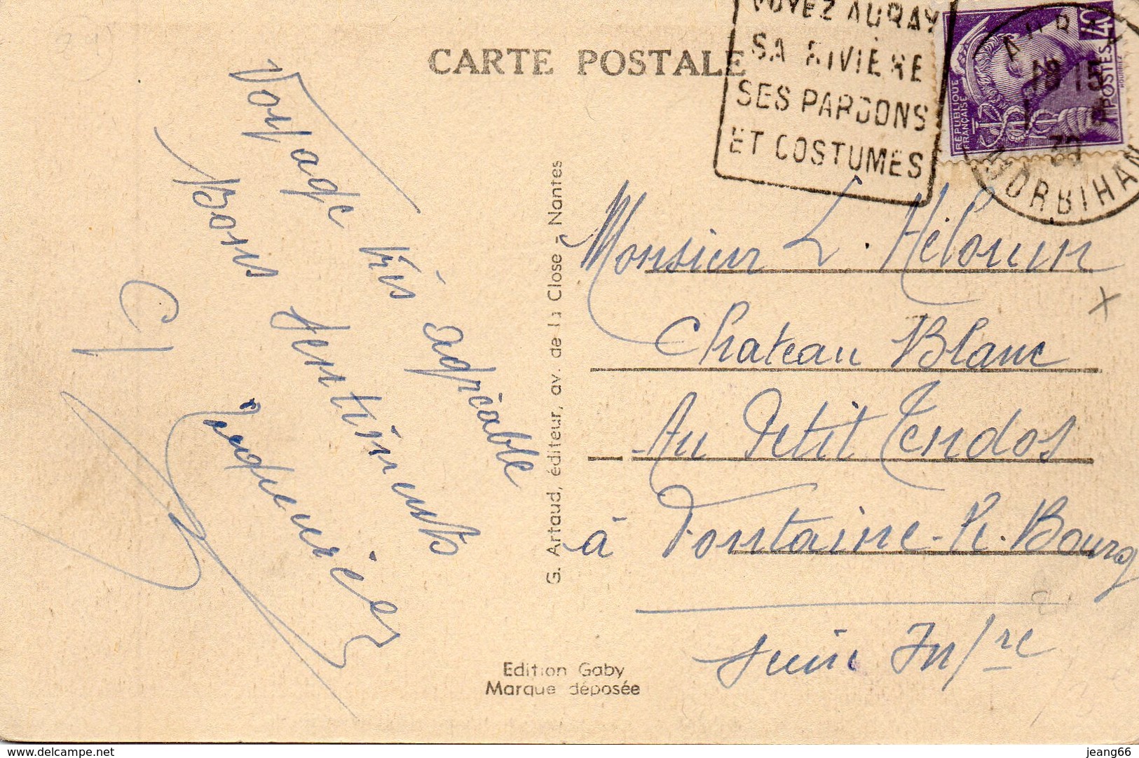 Cachet Daguin "AURAY"Morbihan,sur C.P.A.,1939.pour FONTAINE-LE-BOURG. - 1921-1960: Modern Period