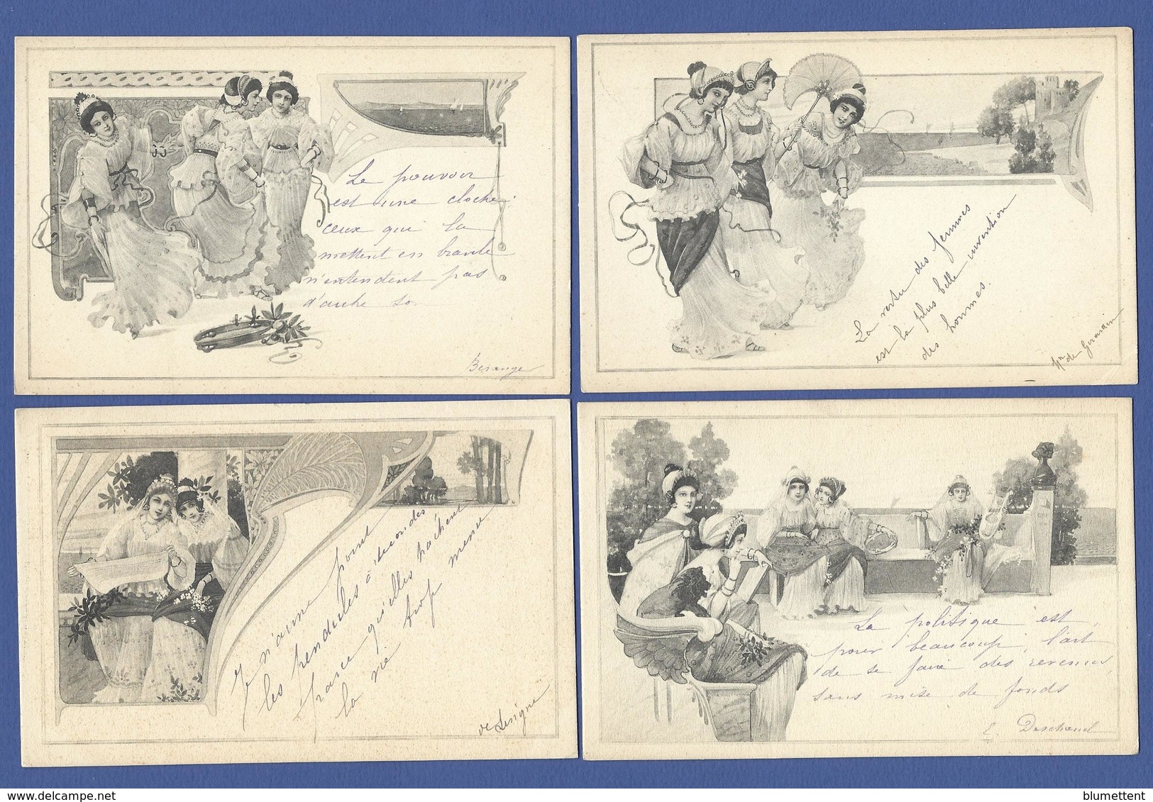 CPA Série De 4 Cartes Art Nouveau Femme Women MM VIENNE - Chats