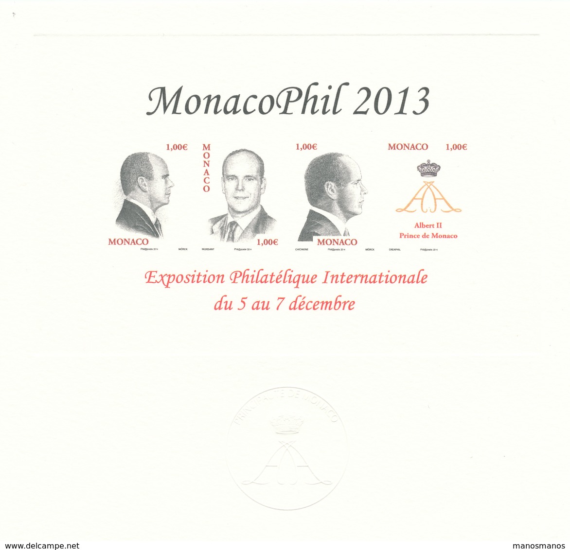 723/30 - MONACO - 3 Souvenirs Officiels Des Expositions MONACOPHIL 1999, 2011 Et 2013 - Evangélistes Et Prince Albert II - Briefe U. Dokumente