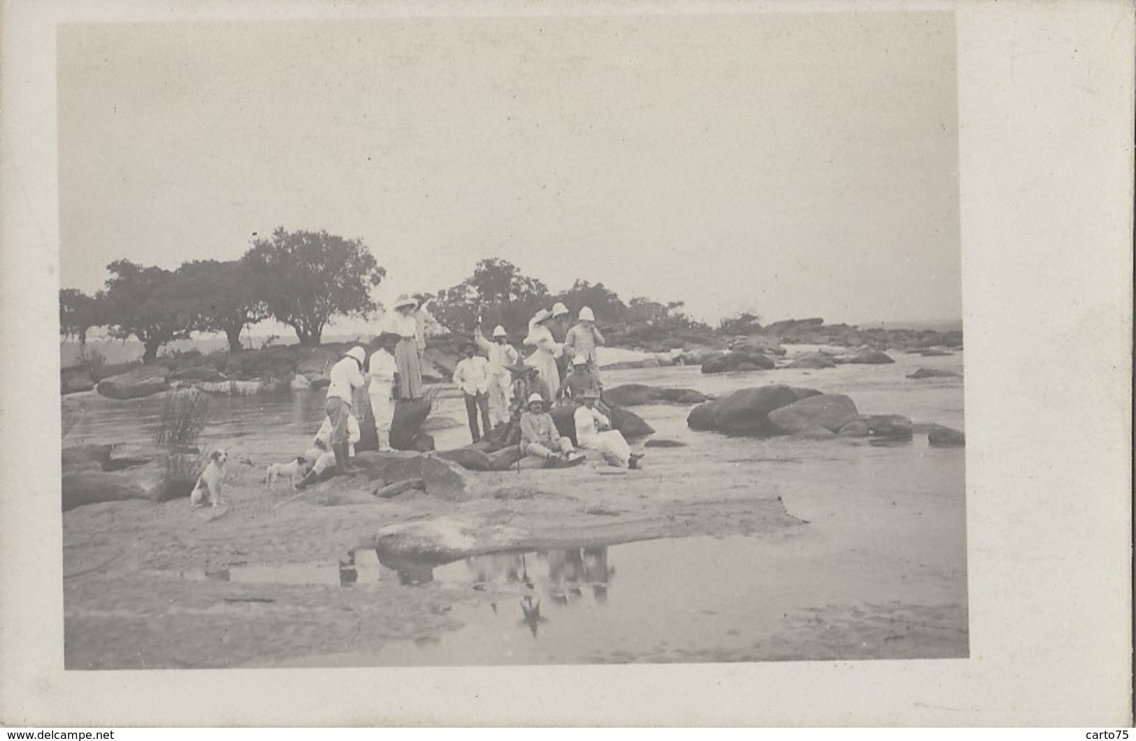 Afrique - Congo ? - Carte-Photo - Coloniaux - Casque Colonial - Groupe Sur Le Fleuve - Champagne - Croix - Chiens - Congo Français