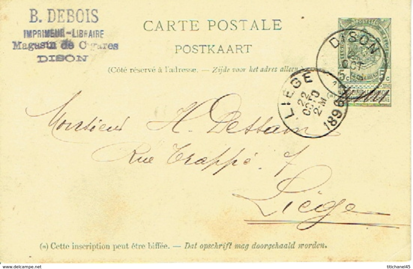 Carte Postale DISON 1896  - Cachet Privé B. DEBOIS - Imprimeur-Libraire-Magasin De Cigares - Dison