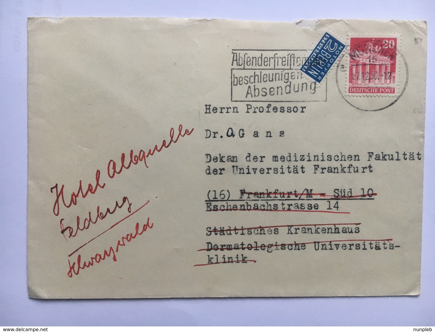 GERMANY Occupation Stamp On 1960 Cover With Tax Stamp Munchen To Frankfurt Re-directed To Feldberg - Sonstige & Ohne Zuordnung