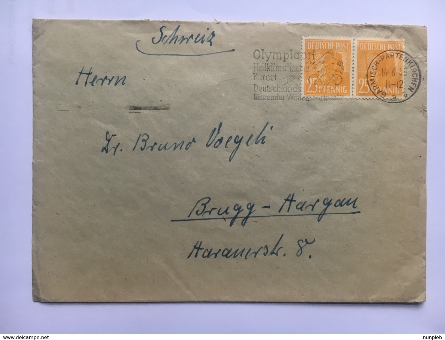 GERMANY Occupation Cover 1948 Cover Garmisch To Brugg Hargau Switzerland - Sonstige & Ohne Zuordnung