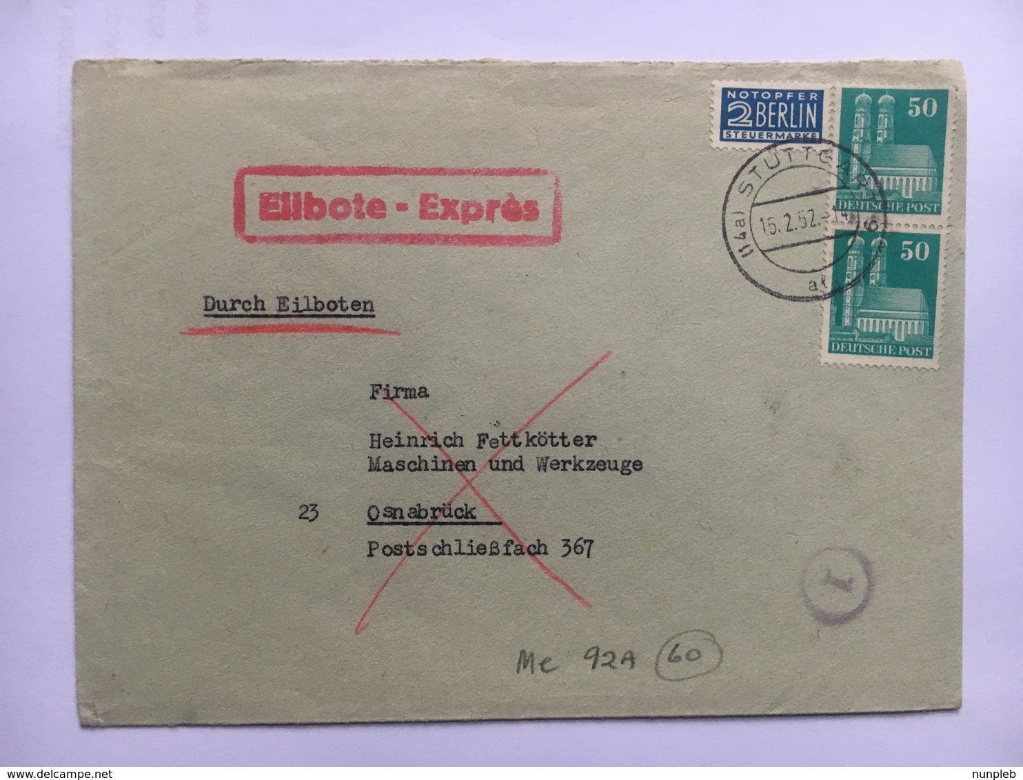GERMANY 1952 Cover With Tax Stamp Express Stuttgart To Osnabruck - Sonstige & Ohne Zuordnung